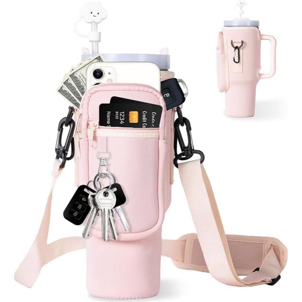 Dabria Water Bottle Carrier Holder Phone Pocket 40 Oz Tumbler Neoprene Pink Bag